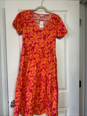 J. Crew NWT Bright Pink & Orange Cotton Floral V-Neck Sundress